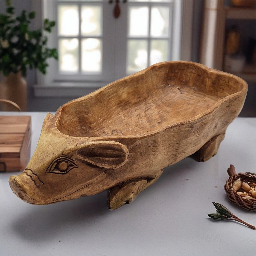 Hand Carved Wooden Pig Bowl Rustic Folk Art Centerpiece 16 Inch